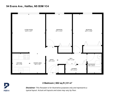 Floor plan for 2 beds, 1 bath
